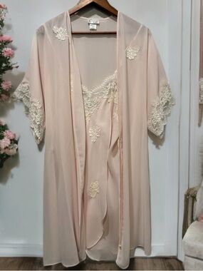 Cinema Etoile Sheer Lace Robe Set Blush Pink Chiffon Kimono + Slip Dress M